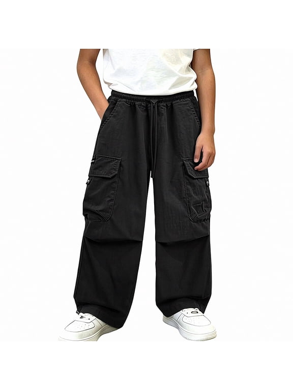 Boys Cargo Pants, Wide Leg Elastic Drawstring Waist Baggy Trousers with Multi Pockets for Outdoor Streetwear Black Size 5T