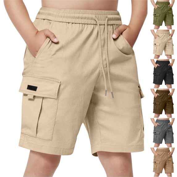 SGFCWSX Boys Cargo Shorts Elastic Waist Soft Breathable Summer Shorts with Multi Pockets for Teens Beige Size 14-15 Years