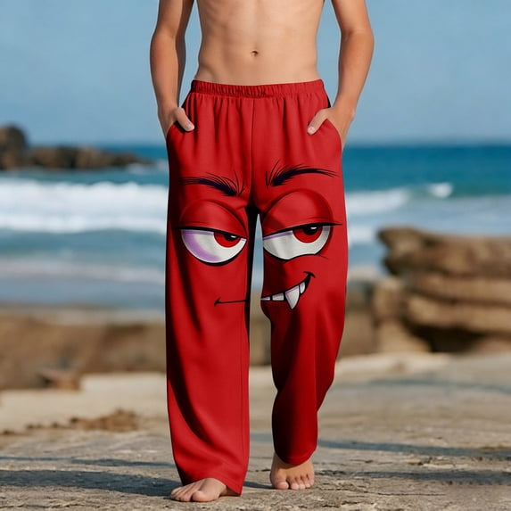 SGFCWSX Boys Casual Pants Elastic Waist Loose Fit Print with Pockets Trousers for Kids Red Size 8 Years