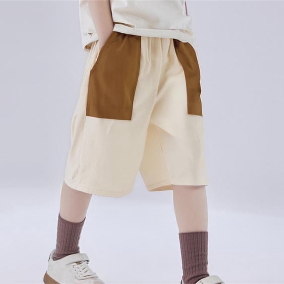 SGFCWSX Boys Casual Shorts Color Block Elastic Waist Loose Fit Cotton Blend Summer Everyday Shorts with Pockets for Kids Beige Size 5-6 Years