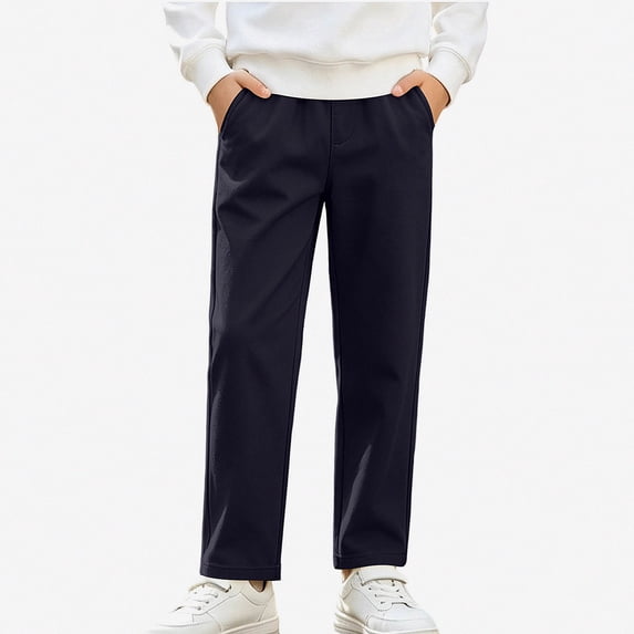 SGFCWSX Boys Chino Pants, Straight Leg Fleece Lined Elastic Waist Warm Relaxed Fit Trousers with Pockets for Cold Weather Dark Blue Size 4T
