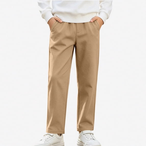 SGFCWSX Boys Chino Pants, Straight Leg Fleece Lined Elastic Waist Warm Relaxed Fit Trousers with Pockets for Cold Weather Khaki Size 11