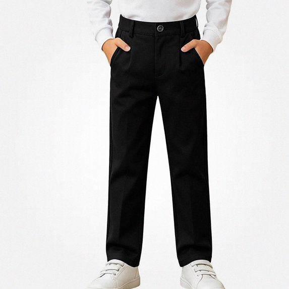 SGFCWSX Boys Chino Pants, Straight Leg Pleated Button Zipper Relaxed Fit Trousers with Pockets for School Uniform Black Size 7
