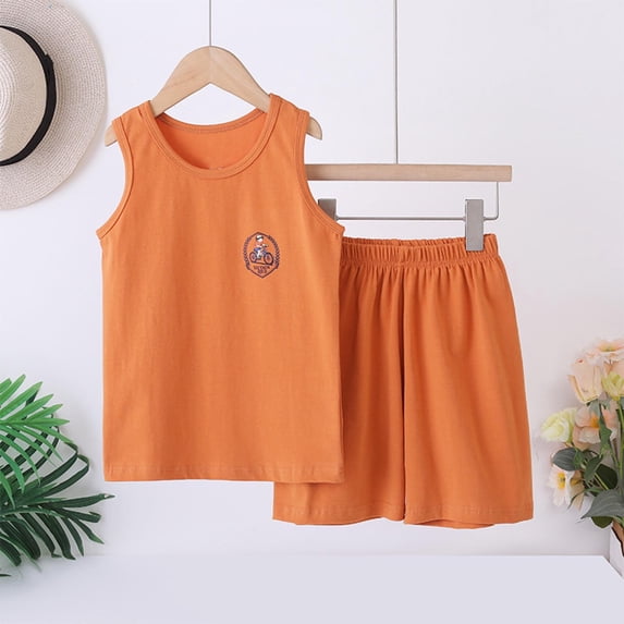 SGFCWSX Boys Clothing Sets Graphic Print Sleeveless Tank Top Shorts 2 Piece Casual Summer Outfit for Teens Orange Size 14-16 Years