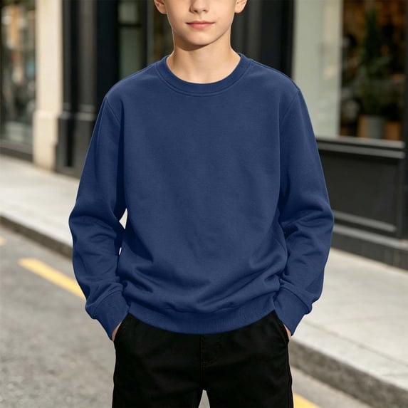SGFCWSX Boys Crewneck Sweatshirt Fleece Pullover Long Sleeve Relaxed Fit Solid Color Casual Daily Wear Navy Size 9