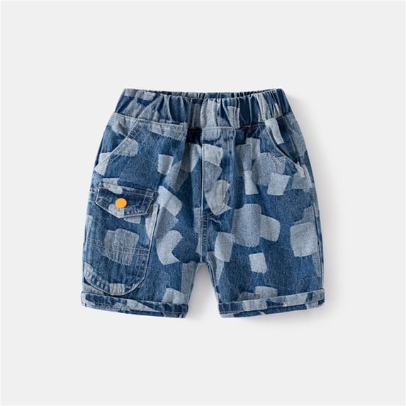 SGFCWSX Boys Denim Camo Cargo Shorts Rolled Cuff Print Elastic Waist Summer Casual Shorts for Kids Dark Blue Size 3-4 Years