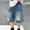 thumbnail image 1 of SGFCWSX Boys Distressed Denim Shorts Casual Streetwear Loose Fit Elastic Waist Knee-Length Jeans Shorts for Kids Light Blue Size 5-6 Years, 1 of 3