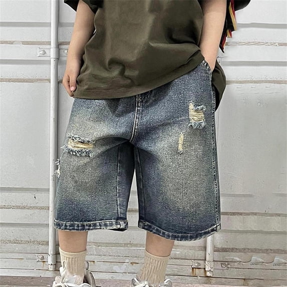 SGFCWSX Boys Distressed Denim Shorts Casual Vintage Streetwear Loose Fit Knee-Length Jeans Shorts for Kids Blue Size 5-6 Years