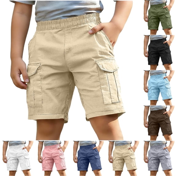 SGFCWSX Boys Elastic Waist Cargo Shorts with Multi Pockets, Lightweight Cotton Blend Casual Shorts for Kids Summer Everyday Wear Khaki Size 7-8 Years