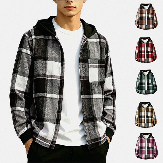SGFCWSX Boys Flannel Hoodie Jacket, Plaid Button Front Long Sleeve Shacket, Casual Fall Winter School Daily Outerwear Black Size 10