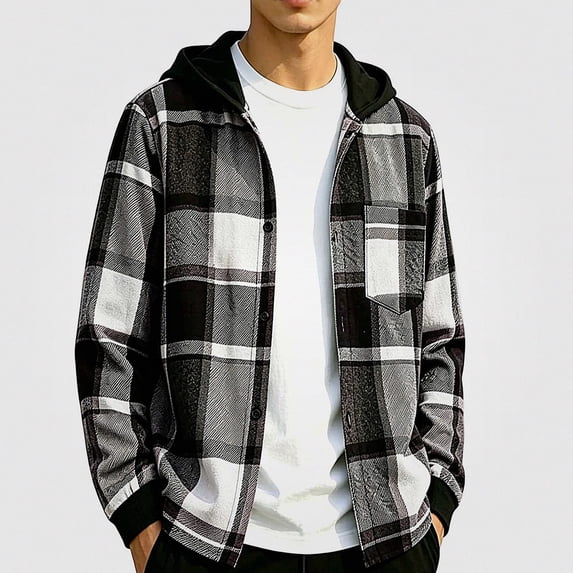 SGFCWSX Boys Flannel Hoodie Jacket, Plaid Button Front Long Sleeve Shacket, Casual Fall Winter School Daily Outerwear Black Size 7