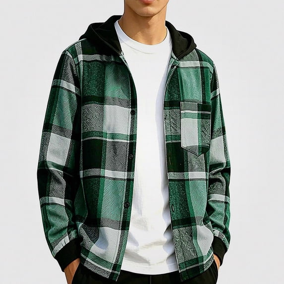 SGFCWSX Boys Flannel Hoodie Jacket, Plaid Button Front Long Sleeve Shacket, Casual Fall Winter School Daily Outerwear Green Size 12