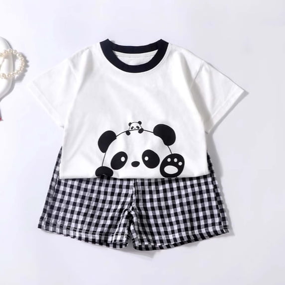 SGFCWSX Boys Girls 2 Piece Outfits Graphic Short Sleeve T-Shirt and Gingham Plaid Shorts Summer Casual Clothes Set for Kids Black Size 7