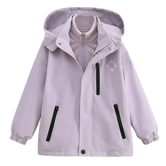 SGFCWSX Boys Girls 3 in 1 Jacket Teen Hooded Waterproof Windproof Fleece Lined Raincoat Winter Fall Outerwear Coat Purple Size 12-13 Years