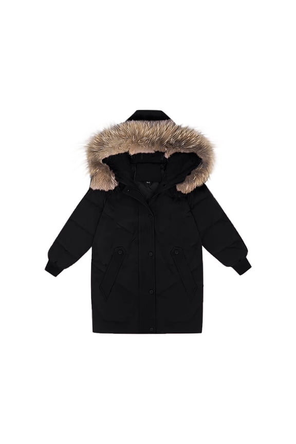 Boys Girls Long Down Puffer Coat with Fuzzy Hood Teens Winter Warm Jacket Black Size 12-13 Years