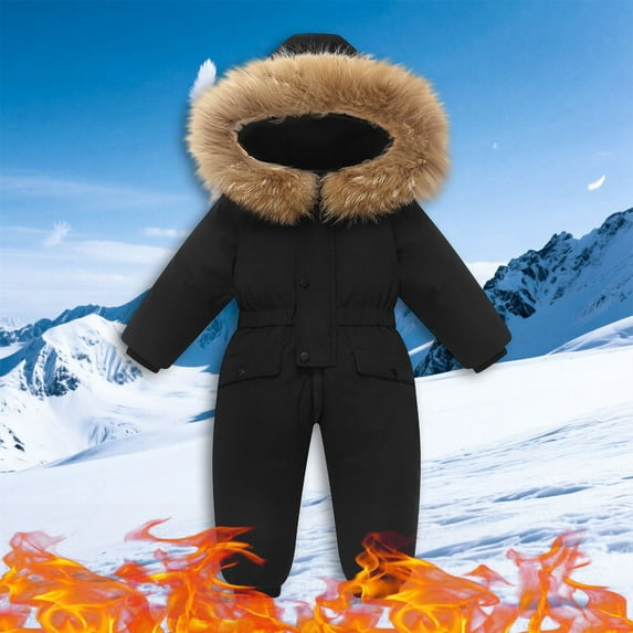 SGFCWSX Boys Girls Snow Onesie Warm Furry Hooded Snow Jumpsuit for Kids with Pockets Waterproof Solid Color Insulated Winter Outfit Black Size 5-6 Years