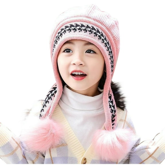 SGFCWSX Boys Girls Winter Knit Hat with Earflap Kids Windproof Fleece Beanie Warm Caps Pink Free Size