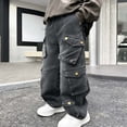 thumbnail image 1 of SGFCWSX Boys Jeans Multi Pockets Cargo Pants Loose Fit Wide Leg Elastic Waist Trousers for Kids Black Size 12 Years, 1 of 7