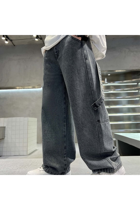 Boys Jeans Wide Leg Cargo Pants Loose Fit Casual Trousers for Kids Light Blue Size 6 Years