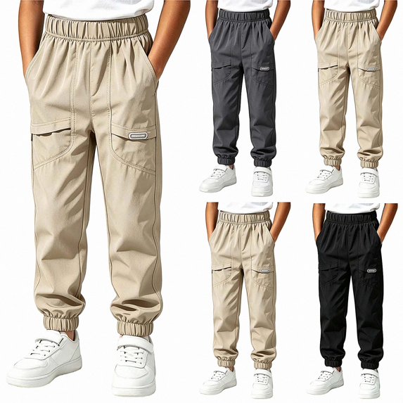 SGFCWSX Boys Jogger Cargo Pants, Elastic Waist Lightweight Trousers with Multi Pockets for Outdoor Playwear Outfits Khaki Size 10