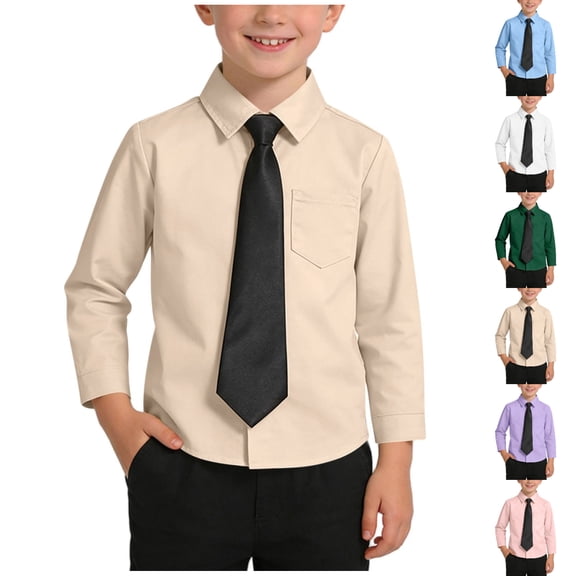 SGFCWSX Boys Long Sleeve Dress Shirt with Matching Tie, Kids Button-Down Shirt with Chest Pocket, Formal Casual School Outfit Tops Beige Size 7-8 Years
