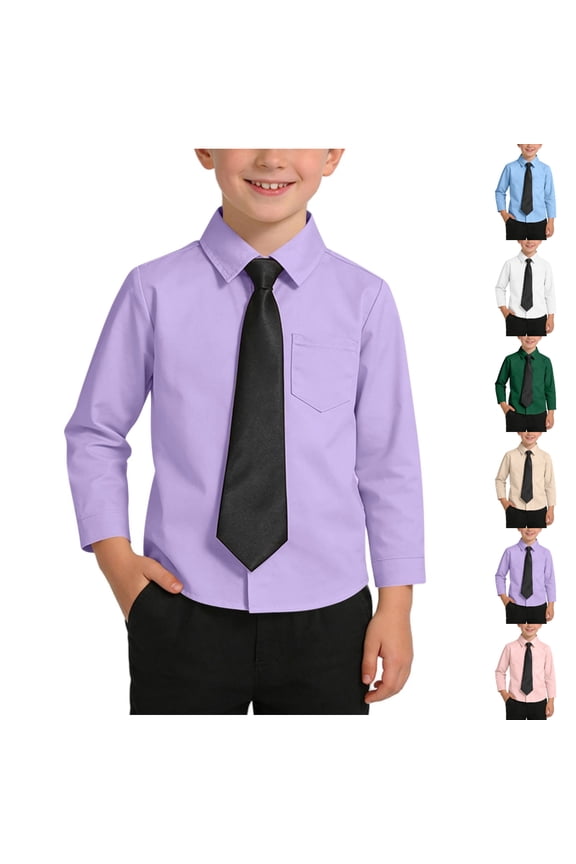 Boys Long Sleeve Dress Shirt with Matching Tie, Kids Button-Down Shirt with Chest Pocket, Formal Casual School Outfit Tops Purple Size 7-8 Years