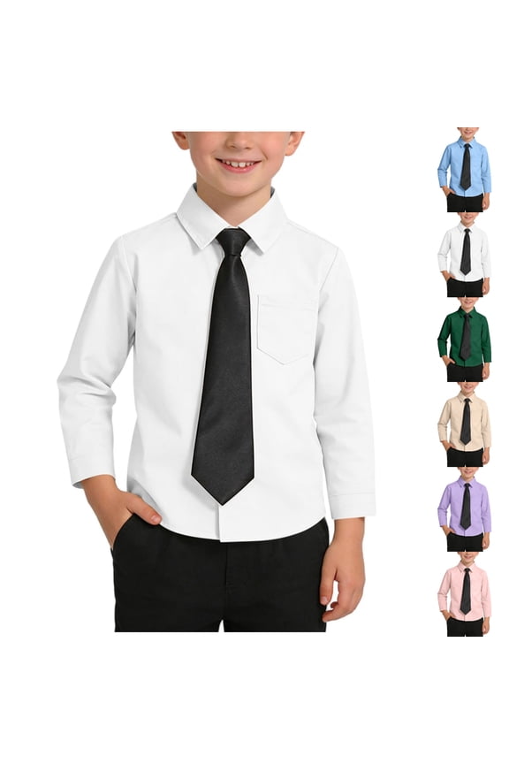 Boys Long Sleeve Dress Shirt with Matching Tie, Kids Button-Down Shirt with Chest Pocket, Formal Casual School Outfit Tops White Size 9-12 Months