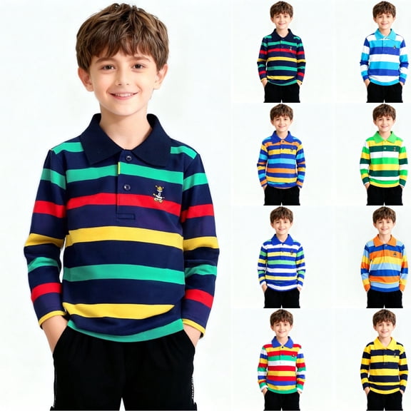SGFCWSX Boys Long Sleeve Polo Shirt, Kids Collared Striped Top Casual School Daily Tees Black Size 3-4Years