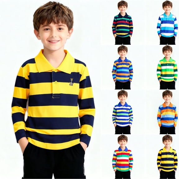 SGFCWSX Boys Long Sleeve Polo Shirt, Kids Striped Collared Top Casual School Daily Tees Yellow Size 8-9Years