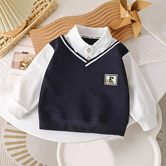 SGFCWSX Boys Polo Collar V-Neck Vest Top Long Sleeve Fake Two-Piece Shirts School Casual Daily Outfits Navy Size 11-12 Years