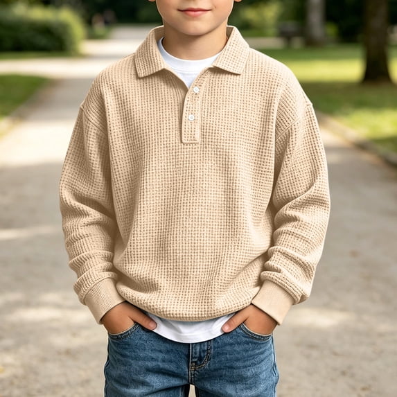 SGFCWSX Boys Polo Sweatshirt Waffle Knit Button Placket Pullover Long Sleeve Collared Oversized Fit Daily Wear Beige Size 3T