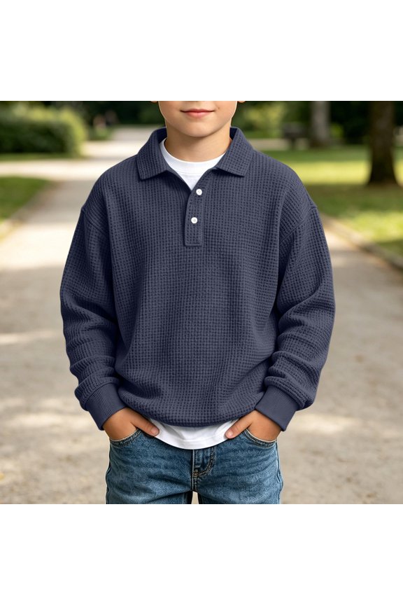Boys Polo Sweatshirt Waffle Knit Button Placket Pullover Long Sleeve Collared Oversized Fit Daily Wear Navy Size 9