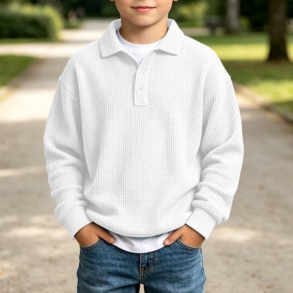 SGFCWSX Boys Polo Sweatshirt Waffle Knit Button Placket Pullover Long Sleeve Collared Oversized Fit Daily Wear White Size 13