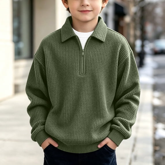 SGFCWSX Boys Polo Sweatshirt Waffle Knit Half Zip Pullover Long Sleeve Collared Relaxed Fit Lightweight Casual Outdoor Wear Army Green Size 11