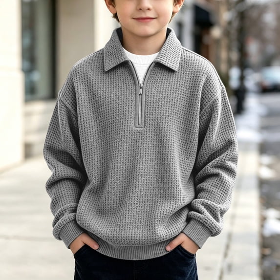 SGFCWSX Boys Polo Sweatshirt Waffle Knit Half Zip Pullover Long Sleeve Collared Relaxed Fit Lightweight Casual Outdoor Wear Gray Size 13