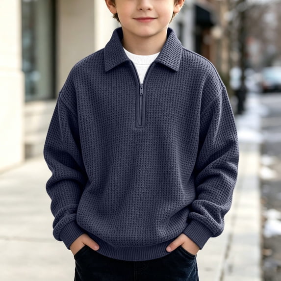 SGFCWSX Boys Polo Sweatshirt Waffle Knit Half Zip Pullover Long Sleeve Collared Relaxed Fit Lightweight Casual Outdoor Wear Navy Size 3T