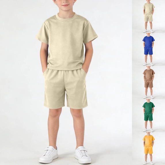 SGFCWSX Boys Short Sets Kids Summer 2 Piece Lightweight Breathable Crew Neck Solid Color Elastic Waist Pocket Active Wear Beige Size 9-10 Years