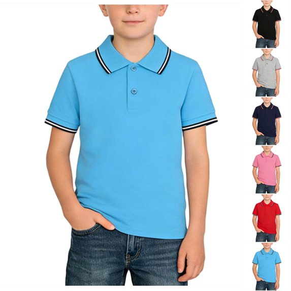 SGFCWSX Boys Short Sleeve Polo Shirt, Kids Collared Striped Trim Casual Top Daily Summer School Tees Sky Blue Size 2-3 Years