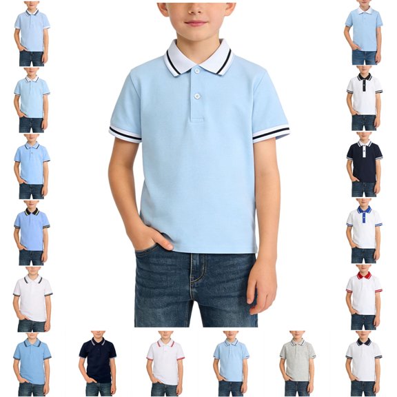 SGFCWSX Boys Short Sleeve Polo Shirt, Kids Collared Summer Tees School Striped Trim Daily Casual Top Blue Size 5-6 Years