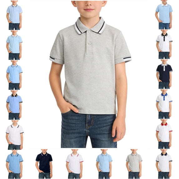 SGFCWSX Boys Short Sleeve Polo Shirt, Kids Striped Trim Tees Collared School Daily Summer Top Gray Size 3-4 Years