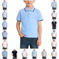 thumbnail image 1 of SGFCWSX Boys Short Sleeve Polo Shirt, Kids Top Collared Striped Trim Daily School Summer Tees Blue Size 11-12 Years, 1 of 5