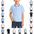 thumbnail image 1 of SGFCWSX Boys Short Sleeve Polo Shirt, Teens Striped Trim Collared Casual Top Daily School Summer Tees Blue Size 14-15 Years, 1 of 5