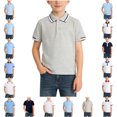 thumbnail image 1 of SGFCWSX Boys Short Sleeve Polo Shirt, Teens Tees Striped Trim Collared School Daily Summer Top Gray Size 14-15 Years, 1 of 5