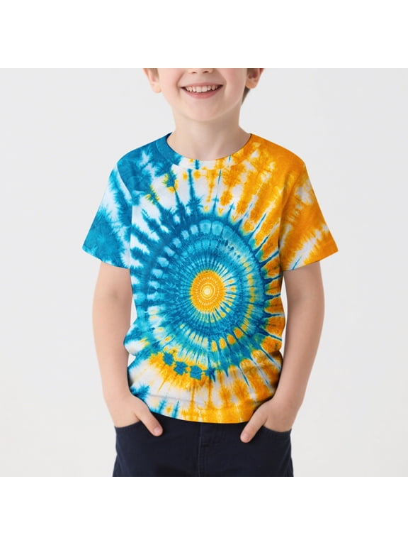 Boys Short Sleeve T-Shirt, Kids Crew Neck Regular Fit Tie-Dye Summer Tees Casual Tops Multicolor Size 5-6 Years