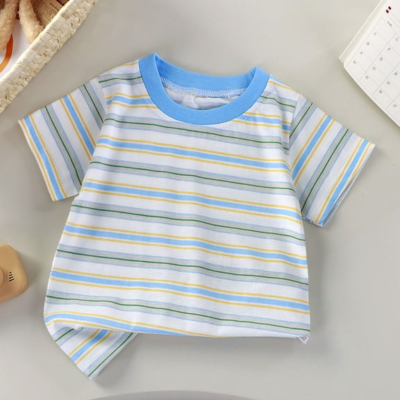 SGFCWSX Boys Short Sleeve T-Shirt, Kids Daily Summer Tops Crew Neck Cotton Striped Casual Tees White Size 6-12 Months