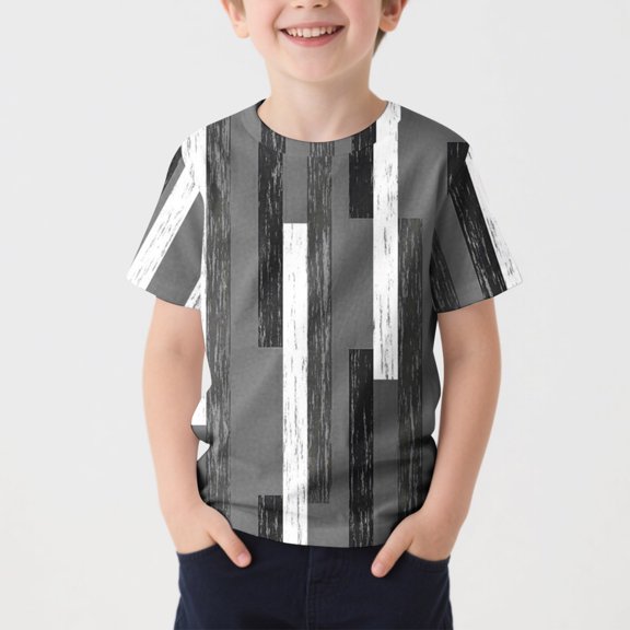 SGFCWSX Boys Short Sleeve T-Shirt, Kids Regular Fit Striped Print Summer Tees Crew Neck Casual Tops Gray Size 5-6Years