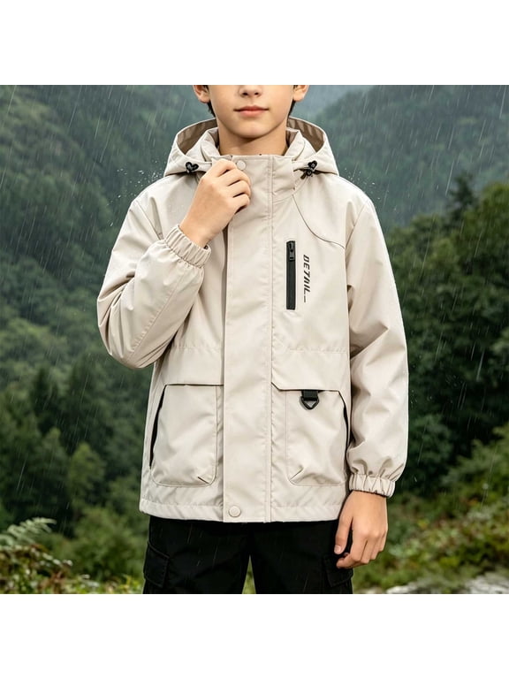 Boys Softshell Jackets Waterproof Windproof Hooded Cargo Pockets Button Zip Up Elastic Cuffs Outerwear for Kids Beige Size 3T