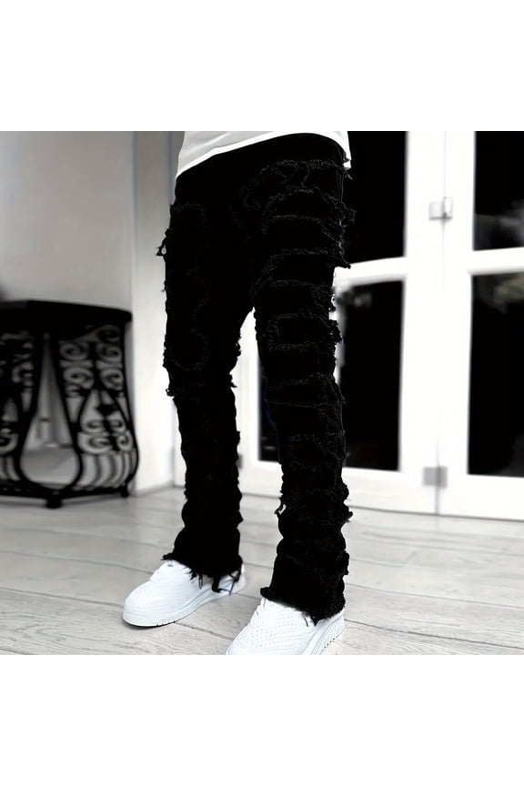 Boys Stacked Jeans, Teens Skinny Denim Pants Ripped Slim Fit Y2K Trouser Black Size 12-13Years