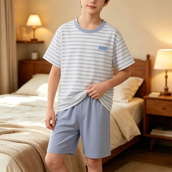SGFCWSX Boys Summer 2 Piece Set Striped Short Sleeve T-Shirt and Elastic Waist Shorts Casual Loungewear Blue Size 8