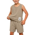 thumbnail image 1 of SGFCWSX Boys Summer Outfits 2 Piece Waffle Knit Sleeveless Henley Tops Elastic Waist Shorts Casual Clothing Set Khaki Size 6, 1 of 8